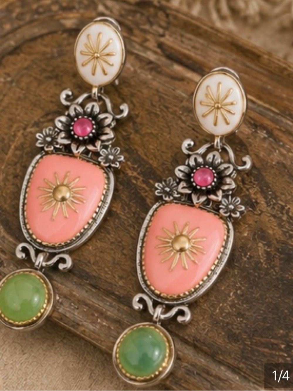 Vintage Boho Sunburst Statement Drop Earrings – Pink & Green
